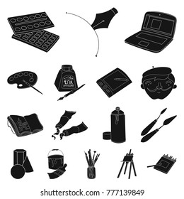 Painter and drawing black icons in set collection for design. Artistic accessories vector symbol stock web illustration.
