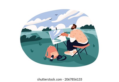 Painter drawing with canvas on easel in nature. Artist painting landscape picture of field and sky outdoors in summer. Man at plein air. Colored flat vector illustration isolated on white background.