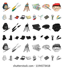 Painter and drawing cartoon icons in set collection for design. Artistic accessories vector symbol stock web illustration.