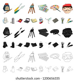 Painter and drawing cartoon icons in set collection for design. Artistic accessories vector symbol stock web illustration.