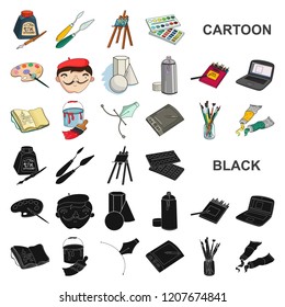 Painter and drawing cartoon icons in set collection for design. Artistic accessories vector symbol stock web illustration.