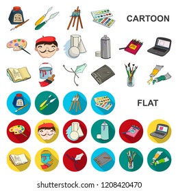 Painter and drawing cartoon icons in set collection for design. Artistic accessories vector symbol stock web illustration.