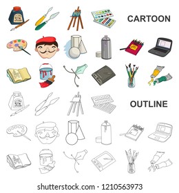 Painter and drawing cartoon icons in set collection for design. Artistic accessories vector symbol stock web illustration.