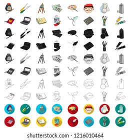 Painter and drawing cartoon icons in set collection for design. Artistic accessories vector symbol stock web illustration.