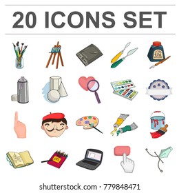 Painter and drawing cartoon icons in set collection for design. Artistic accessories vector symbol stock web illustration.
