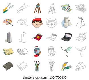 Painter and drawing cartoon,outline icons in set collection for design. Artistic accessories vector symbol stock web illustration.