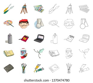 Painter and drawing cartoon,outline icons in set collection for design. Artistic accessories vector symbol stock web illustration.