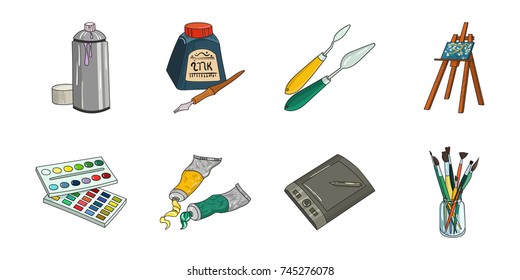 Painter and drawing icons in set collection for design. Artistic accessories vector symbol stock web illustration.