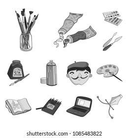 Painter and drawing monochrome icons in set collection for design. Artistic accessories vector symbol stock web illustration.