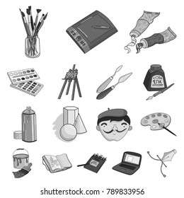 Painter and drawing monochrome icons in set collection for design. Artistic accessories vector symbol stock web illustration.