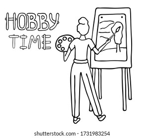 Dibujo pintor sobre el caballete. Ilustración vectorial del doodle dibujado a mano. Artista mujer con paisaje de pintura de paleta sobre lienzo usando pincel. Tiempo de hobby. Contorno negro aislado en fondo blanco