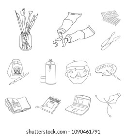 Painter and drawing outline icons in set collection for design. Artistic accessories vector symbol stock web illustration.