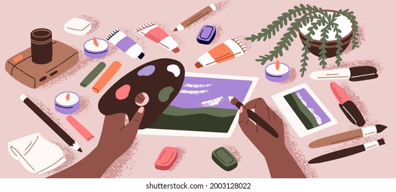 Painter drawing picture at table  holding brush   color palette  Human hands creating art and paints  Creative process at desk and stationery  Painting hobby concept  Flat vector illustration 