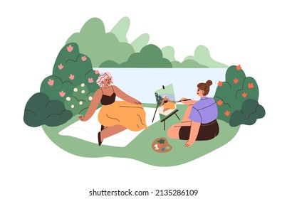 Painter drawing woman in nature  Artist and canvas easel painting female portrait outdoors  Person posing for creative friend plein air  Flat vector illustration isolated white background
