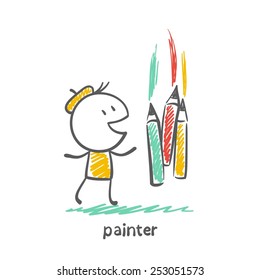 painter draws with crayons illustration