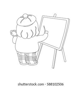 Painter draws on the empty canvas. Coloring book Vector illustration.