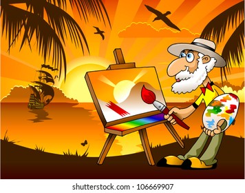 Painter draws on the tablet a beautiful landscape (illustration)