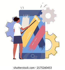 Painter draws with roller on screen of smartphone with colored paint Splash. Concept of mobile technologies, applications and online services for amateurs and professional artists. Vector illustration