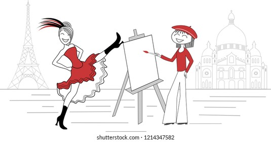 A painter draws a typical cabaret dancer from Montmartre in the streets of Paris