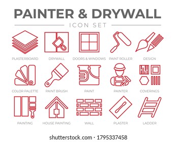 Painter And Drywall Outline Icon Set With Plasterboard, Paint Roller, Brush, Painter Color Palette, Painting, Wall, Plaster, Ladder Icons