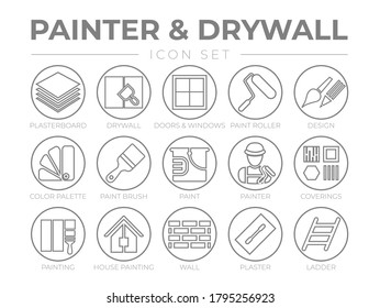 Painter and Drywall Round Outline Icon Set