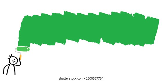 Painter, eager stick man holding paint roller, painting white background green, smiling