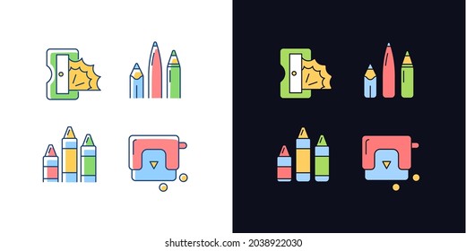 Painter essentials light and dark theme RGB color icons set. Pens and pencils. Prism sharpener. Crayons. Isolated vector illustrations on white and black space. Simple filled line drawings pack