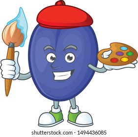 Painter fruit prunes cartoon on white background.