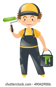 Painter with green paint bucket illustration