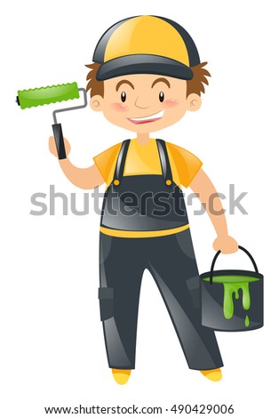 Painter with green paint bucket illustration