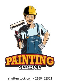 painter handling roller illustration with painting service text. painting service logo vector. 