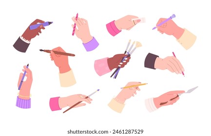 Painter hands. Hand holding pencil, pen, marker and brushes. Artist tools, paint knife and eraser, pastel stick. Different art elements racy vector set