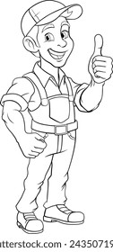 A painter, handyman, mechanic, plumber or other construction cartoon mascot man in overall dungarees. Giving a thumbs up.
