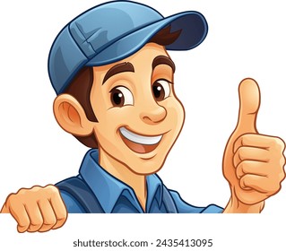 A painter, handyman, mechanic, plumber or other construction cartoon mascot man in overall dungarees. Giving a thumbs up.