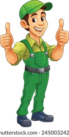 A painter, handyman, mechanic, plumber or other construction cartoon mascot man in overall dungarees. Giving a thumbs up.
