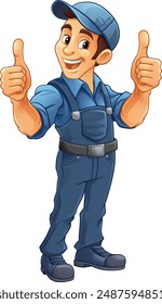 A painter, handyman, mechanic, plumber or other construction cartoon mascot man in overall dungarees. Giving a thumbs up.