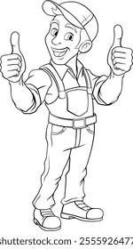 A painter, handyman, mechanic, plumber or other construction cartoon mascot man in overall dungarees. Giving a thumbs up.