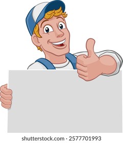 A painter, handyman,  mechanic,  plumber or other construction cartoon mascot man in overall dungarees. Giving a thumbs up.
