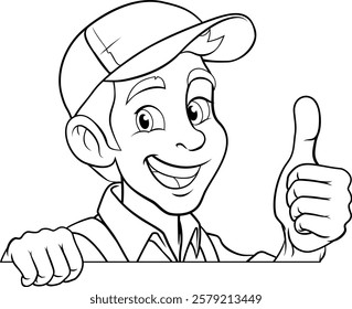 A painter, handyman, mechanic, plumber or other construction cartoon mascot man in overall dungarees. Giving a thumbs up.