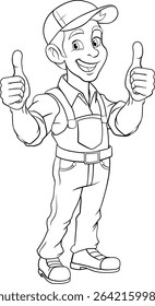A painter, handyman, mechanic, plumber or other construction cartoon mascot man in overall dungarees. Giving a thumbs up.
