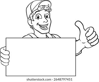 A painter, handyman,  mechanic,  plumber or other construction cartoon mascot man in overall dungarees. Giving a thumbs up.
