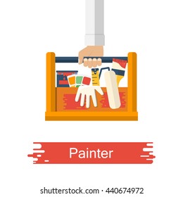 Painter holding in hand toolbox with painting tools. Set of tools for painting. Vector illustration of flat design style. 