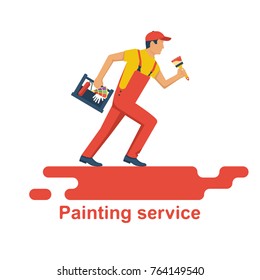 Painter holding in hand toolbox with painting tools. Set of tools for painting. Vector illustration of flat design style. Human runs to provide construction work. Customer Service.
