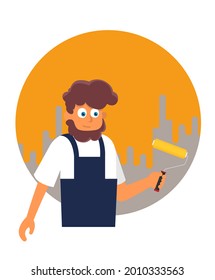 Painter is holding a paint roller in hand. Vector illustration of flat design style