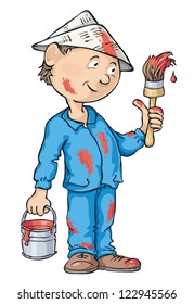 Painter holding a paintbrush and can of paint. Vector cartoon