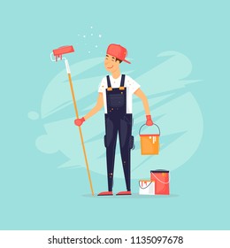 Painter Holds A Roller And A Can Of Paint. Flat Design Vector Illustration.