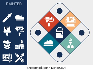 painter icon set. 13 filled painter icons.  Collection Of - Paint bucket, Painting brush, Brush, Artist, Paint brush, Paint roller, Beret,