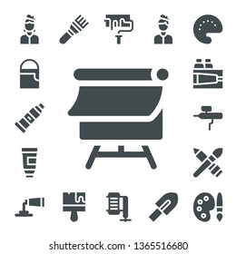 painter icon set. 17 filled painter icons.  Simple modern icons about  - Artist, Paint bucket, Paint tube, Canvas, Paint, Airbrush, Brush, roller, Compressor, Trowel, Palette