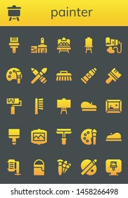 painter icon set. 26 filled painter icons.  Collection Of - Paint brush, Canvas, Artboard, Paint tube, Color palette, Brush, Roller, Beret, Painting, Paint roller, Compressor