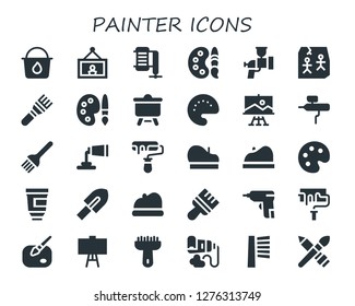  painter icon set. 30 filled painter icons. Simple modern icons about  - Paint bucket, Painting, Compressor, Paint palette, Airbrush, Art, Brush, Palette, Canvas, Paint, Paint tube